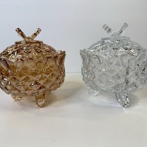 Vintage Diamond-Cut Glass Candy Dishes with Lids – Amber & Clear Pair